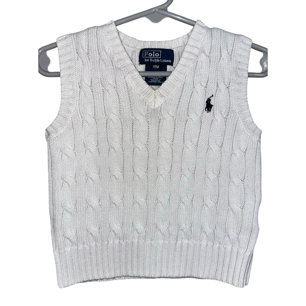 Polo Ralph Lauren Baby Boys White V-Neck Cable Knit Cotton Sweater Vest Size 18M